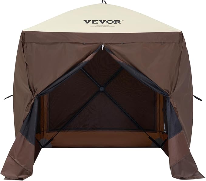 VEVOR Pop Up Gazebo Tent, Pop-Up Screen Tent 4 Sided Canopy Sun Shelter with 4 Removable Privacy Wind Cloths & Mesh Windows, 6x6FT Quick Set Screen Tent with Mosquito Netting, Brown VEVOR