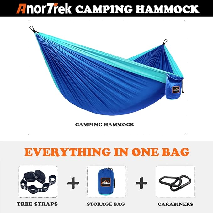 Camping Hammock, Super Lightweight Portable Parachute Hammock with Two Tree Straps Single or Double Nylon Travel Tree Hammocks for Camping Backpacking Hiking AnorTrek