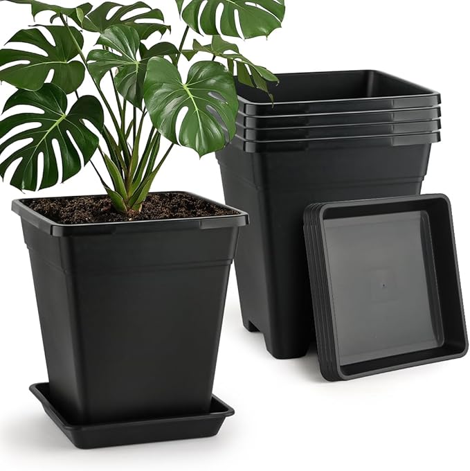 BTPLASTIK Plant Pots 10 Inch Set of 5, Large Square Plastic Planter with Drainage & Saucer, 5 Gallon Thick Outdoor Garden Pots Container for Outdoor Indoor, Flower Pots Planters BTPLASTIK