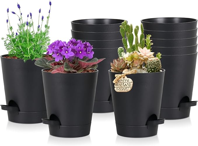 12 Pack 4 Inch Self Watering Plant Pots with Drainage and Saucers，Plastic Flower Pots for Indoor and Outdoor Plants, Nursery Planters for Houseplants and Herbs Black, 4 inch 12pcs zople