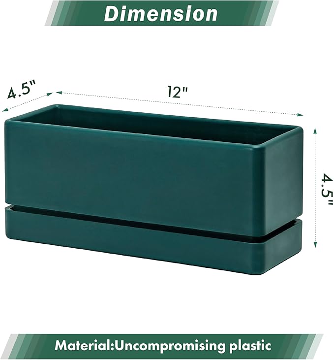 D'vine Dev 12 Inch Window Box Planter, Rectangle Plastic Herb Planter with Drainage Holes and Saucer, Indoor Succulent Cactus Vegetable Pot for Windowsill, Garden Balcony, Green, Set of 2, 76-X-C-2 DvineDevPlanterPotsandStand