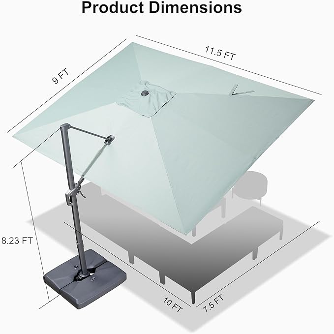 PURPLE LEAF 9' X 11.5' Rectangle Cantilever Umbrella with Base Outdoor Large Aluminum Patio Umbrella with 3-Year Fade Resistance Recycled Fabric and 360-degree Rotation for Deck Pool Garden, Mint Green Rootora