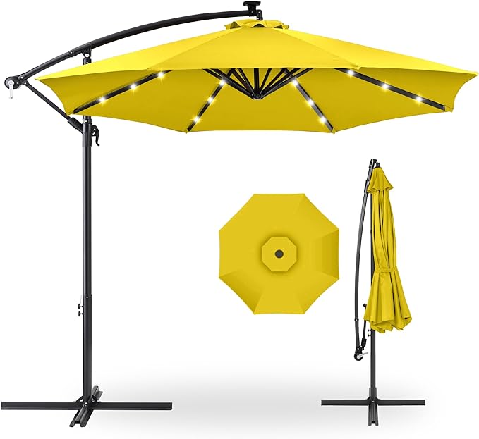 Best Choice Products 10ft Solar LED Offset Cantilever Hanging Market Patio Umbrella, 8 Sturdy Ribs, Easy Adjustment - Yellow BestChoiceProducts