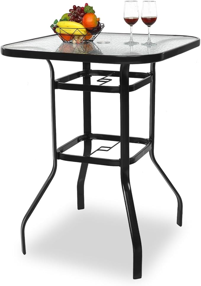 VINGLI Outdoor Bar Table with Umbrella Hole, Modern Black Metal Patio Bar Table, High Top Table for Outdoor Relaxation and Home Entertaining (Black, 31.5'x31.5'x40.3') VINGLI