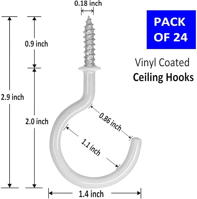 24 Pack Ceiling Hooks for Hanging Plants - 2.2 inches Heavy Duty, Hanging Hooks for Christmas Lights, Cups, Decors - Black Vinyl Coated Screw in Plant Hanger Hook Indoor and Outdoor xtieksh