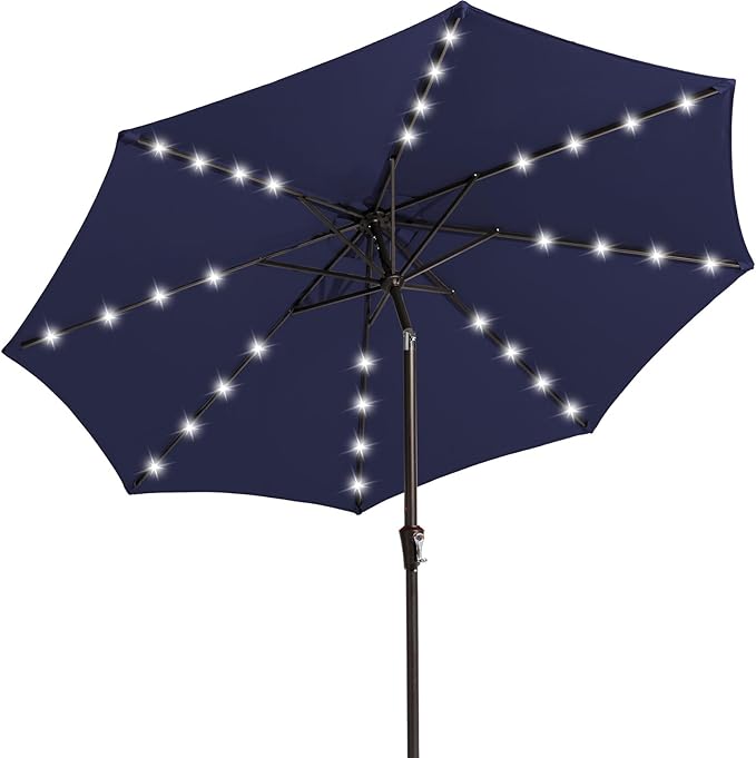 JEAREY 9FT Outdoor Patio Umbrella with Solar Lights, LED Lighted Pool Umbrella with Tilt and Crank, Outdoor Table Umbrellas for Deck, Yard & Market (9ft, Navy Blue) JEAREYOutdoorsCollection