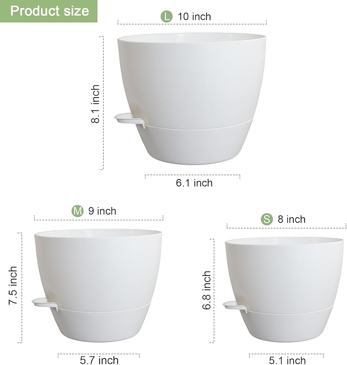 10/9/8 inch Medium Self Watering Pots, Plant Pots with Mesh Drainage Holes for Indoor Outdoor Garden Plants, Flower Pots with Removable Reservoir, Set of 3 Plastic Planters, White WSMKSZ