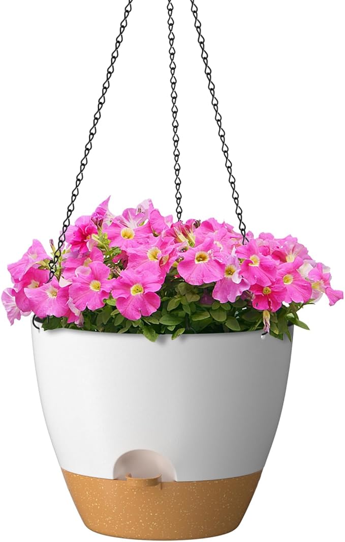 ZMTECH 12 Inch Hanging Planters for Indoor Outdoor Plants, 1 Pack Self Watering Hanging Plant Pots with Drainage Holes and Removable Saucer, Plastic Flower Hanging Pots with Watering Lip (White) HighQualityGardeningTools