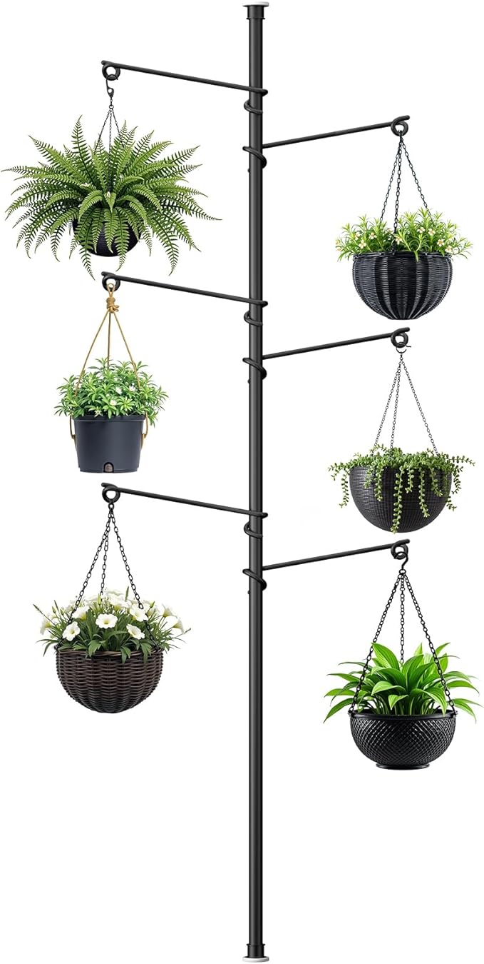 Tension Rod Plant Stand, Plant Poles for Hanging Plants Indoor, Metal Floor to Ceiling Hanging Plants Stand, Tension Pole Plant Stand with 6 Hooks (Fit 3.6-10ft) Zononoca