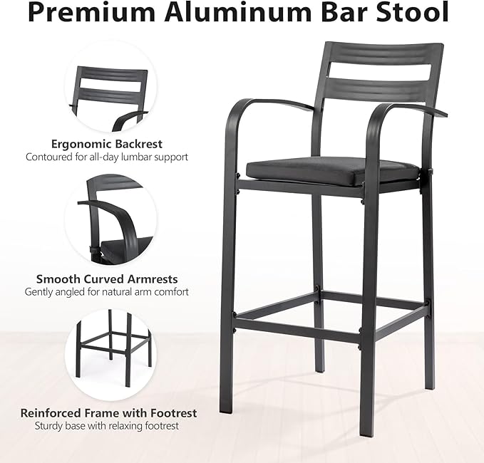 VINGLI 3-Piece Outdoor Bar Set, Aluminum Bar Height Table & 2 Chairs with Cushions, Outdoor Bistro Set for Patio, Backyard, Poolside, Garden(Gray) VINGLI