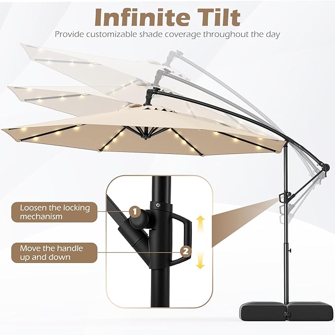 Tangkula 10ft Solar LED Patio Umbrella with Base, Offset Cantilever Outdoor Umbrella with 32 LED Lights, Infinite Tilt, 360 Degree Rotation, Crank Handle for Pool Deck Garden Backyard (Beige) TANGKULA