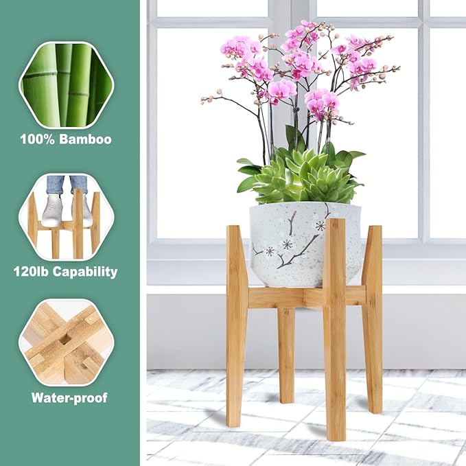 Plant Stand Indoor, Bamboo Plant Shelf, Adjustable Corner Plants Flower Holders Single Floor Plant Stand, Fits 8 to 12 Inches Pots,(Pot & Plant Not Included)(Nature) PlantsHomeFun