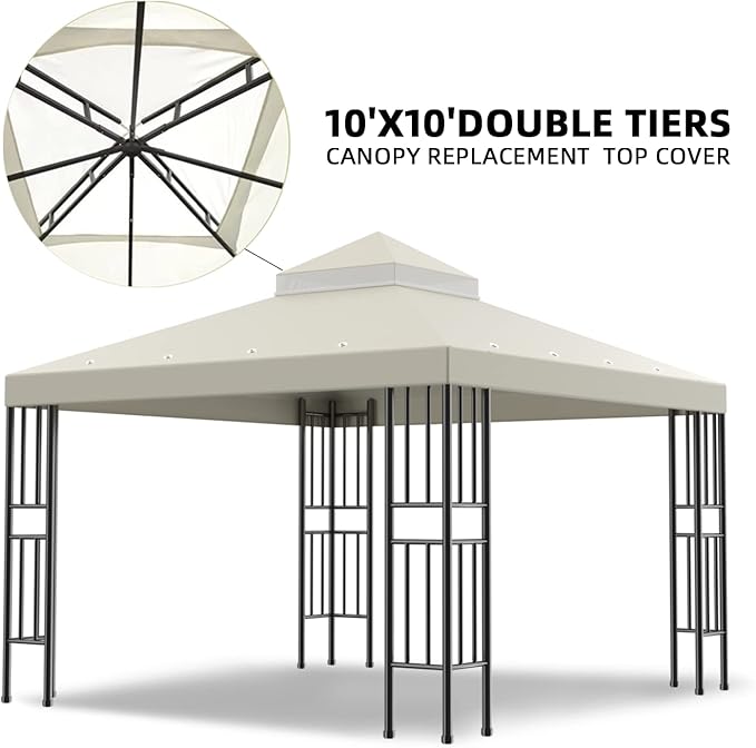 Sumfaller 10x10 FT Gazebo Replacement Canopy Top Cover Double Tiered Canopy Top Cover for Patio Garden Outdoor BBQ Roof Cover Grill Shelter (Beige) Rootora
