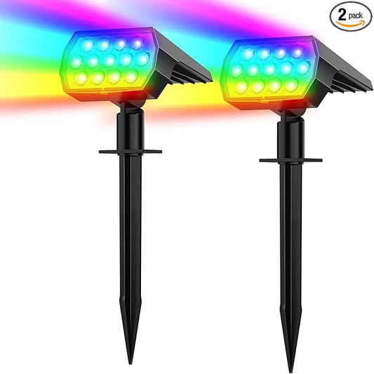 Solar Spot Lights Outdoor Color Changing,[7 Modes/2 Pack] Christmas IP65 Waterproof Landscape Spotlights, Dusk to Dawn Solar Powered Security Light for Patio Gate Walkway Pool Garden Yard Driveway Flaow