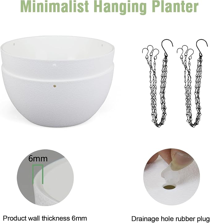 8 inch Small Hanging Planters for Indoor Outdoor Plants, 2 Pack Hanging Flower Pots with Drainage Holes and Chain for Garden Porch, Plastic Hanging Baskets for House Plants, White Meowell