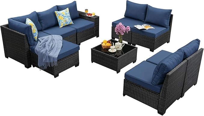 Jing's Villa 9-Piece Patio Furniture Set, All-Weather Outdoor Wicker Sectional Sofa with Cushions, Tempered Glass Table & Ottoman, Rattan Conversation Seating for Porch, Garden, Backyard,Navy JingsVillaOutdoorFurniture