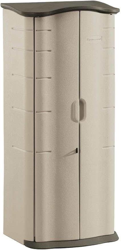 Rubbermaid Compact Vertical Resin Storage Shed With Floor (2 x 2.5 Ft), Weather Resistant, Beige/Brown, Organization for Home/Backyard/Garden Tools/Porch/Patio Cushions/Pool Chemicals/Toys Rubbermaid