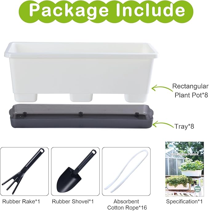 Window Box Planter 8 Pcs, 17 Inches Rectangle Flower Pots with Drainage Holes & Trays, Vegetable Planters for Windowsill Patio Garden Balcony Home Indoor Outdoor (White, 16 * 7 * 6 inch) Oliz