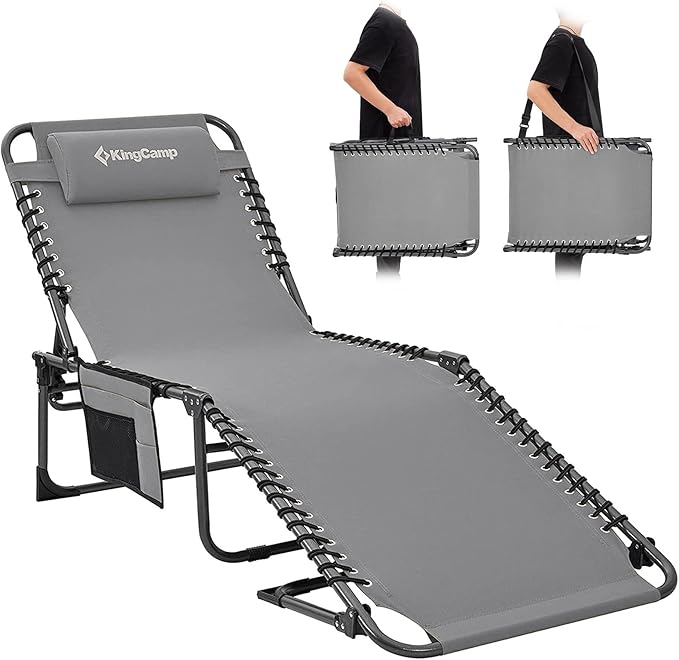KingCamp Lounge Chair Outdoor, Folding Tanning Chairs Comfy Adjustable 5-Position Lay Flat Foldable Chaise Chaser Lounger with Pillow for Outside Beach Patio Sun Bathing Pool Backyard, Grey KingCamp