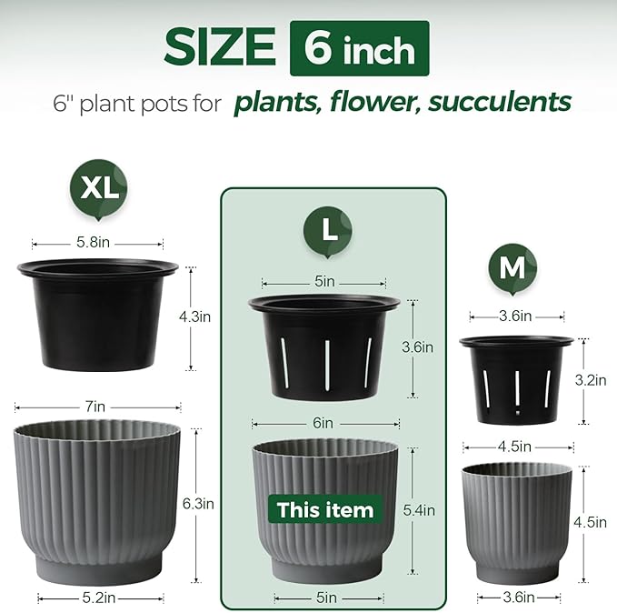 T4U 6 Inch Self Watering Pots for Indoor Plants, 6 Pack Plant Pots, Self Watering Planter for Indoor Plants, Durable Plastic Pots, Flower, Succulents (6 Pack, 6", Gray) T4U
