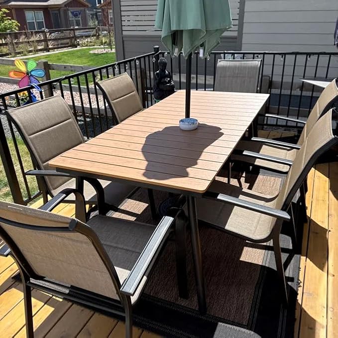 70" Patio Outdoor Dining Table for 4-6, Weather-Resistant Wood-Grain Top with Aluminum Frame & Umbrella Hole for Deck Gatherings, Brown VredHom