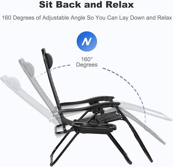 Nazhura Set of 2 Relaxing Recliners Patio Chairs Adjustable Steel Mesh Zero Gravity Lounge Chair Beach Chairs with Pillow and Cup Holder Black NazhuraGoodCompanionAtHome