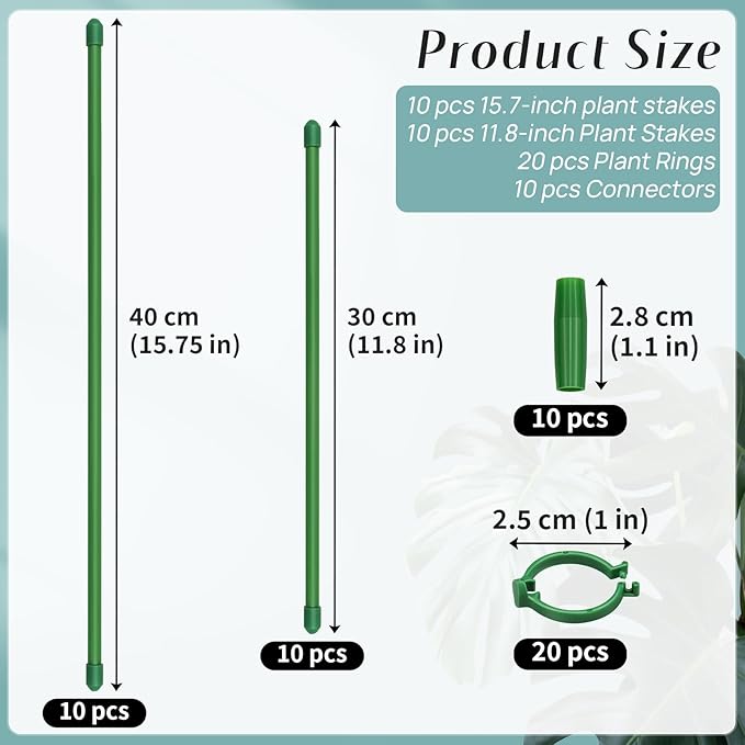 Plant Stakes, 20 Pcs Plant Sticks Stakes Support, Garden Stake Pole with Clips, Adjustable Plant Support with 20 Rings and 10 Connectors for Indoor and Outdoor Plants Catephe