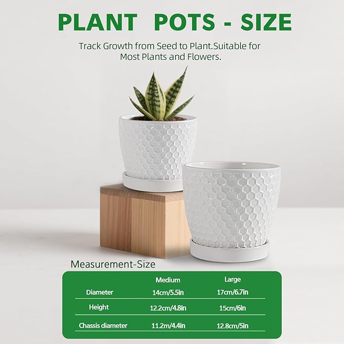 Docrin Ceramic Plant Pots Set of 2 (6.6"+5.5"), High-Fired Clay Indoor Planters with Drainage Holes & Saucer, Honeycomb Modern Home Decor for All House Plants DOCRIN