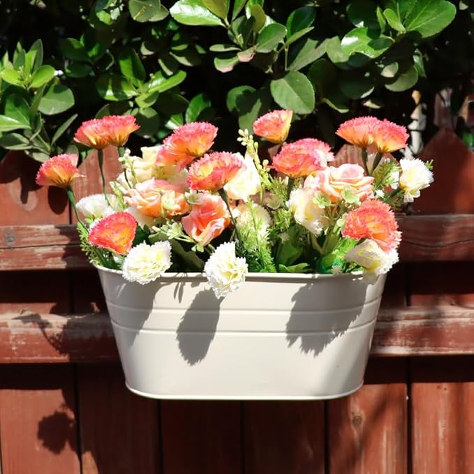 Meltset 3 Pack Metal Iron Hanging Flower Pot, Oval Railing Fence Garden Balcony Planter Pots, Metal Bucket Flower Holders for Wall Indoor Outdoor Home Décor, Beige MeltsetM