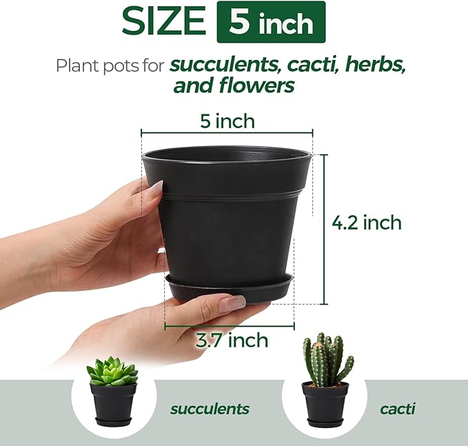 T4U Flower Pots 18-Pack, 5 Inch Plant Pot with Saucer and Drainage Hole, Durable Plastic Flower Pots, Small Pots for Plants, Violet, Succulent and Indoor Plant Decorative (18 Pack 5" Pot, Black) T4U