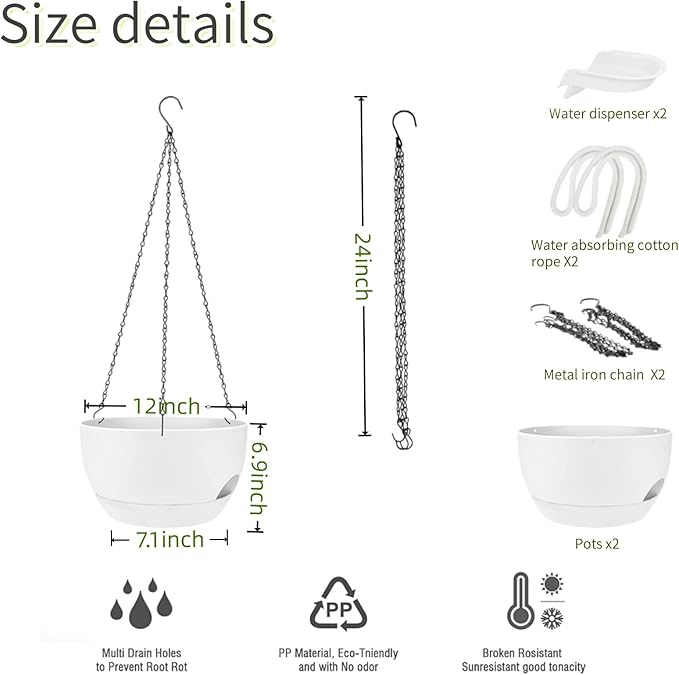 2 Pack Hanging Planters for Indoor Outdoor Plants, 12Inch Self Watering Hanging Pot with Drainage Holes and Saucer, Plastic Plant Pots, White Flower Pots for Kitchen, Balcony, Garden Rootora