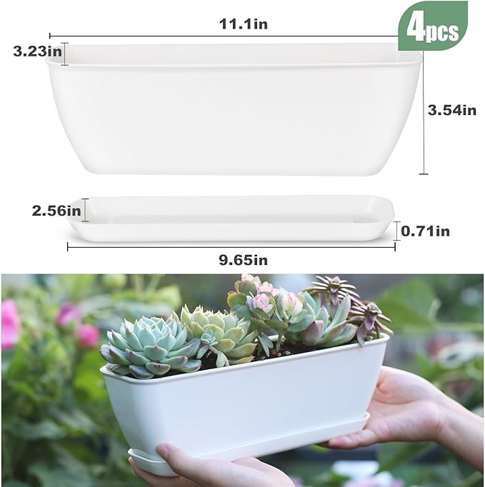 4-Piece White Rectangular Window Sill Planters with Drainage Holes and Trays (11 Inches) for Basil, Orchids, and Succulents Modern Herb Garden Planters Suitable for Indoor/Outdoor Plants Oliz
