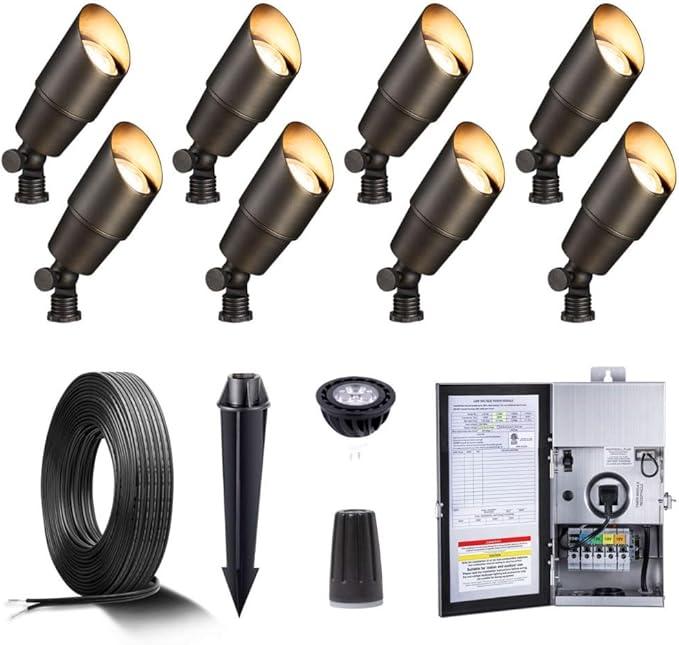 Gardenreet Brass Low Voltage Landscape Spotlights(8-Pack) Kit 12V LED with 150W Low Voltage Transformer and Mechanical Timer and 100FT Wire and 40Pack Connectors for Outdoor House Garden Patio Gardenreet