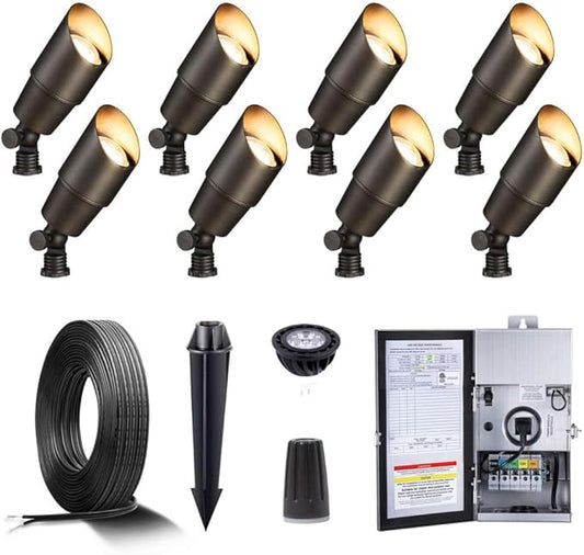 Gardenreet Brass Low Voltage Landscape Spotlights(8-Pack) Kit 12V LED with 150W Low Voltage Transformer and Mechanical Timer and 100FT Wire and 40Pack Connectors for Outdoor House Garden Patio Gardenreet