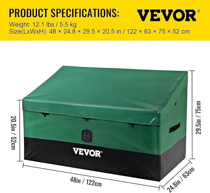 VEVOR Outdoor Storage Box, 100 Gallon Waterproof PE Tarpaulin Deck Box w/Galvanized Frame, All-Weather Protection & Portable, for Camping, Garden, Poolside, and Yard, Black & Green VEVOR