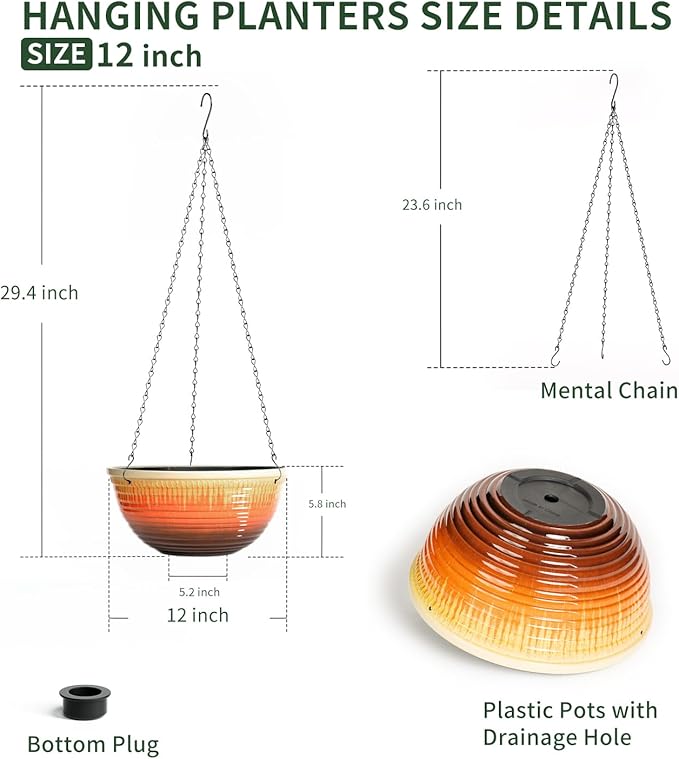12 inch Large Hanging Planters for Indoor Outdoor Plants, Set of 2 Glazed Hanging Flower Pots with Drainage Hole, Hanging Baskets for Garden Home Porch Decor LesOasis