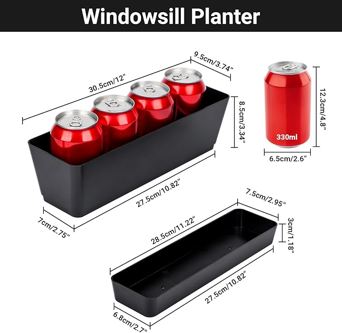 GREANER 12x3.8 Inch Herb Planters, 1 Pack Rectangle Window Boxes with Tray, Indoor Succulent Cactus Mint Plastic Pot for Windowsill, Balcony, Office, Outdoor Garden - Black GREANER