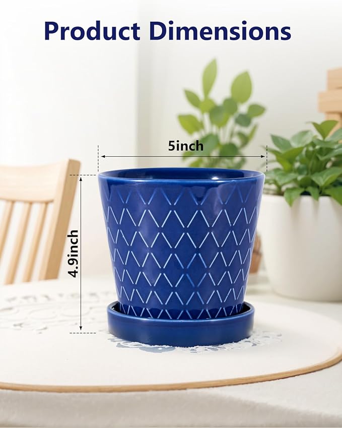 BUYMAX Ceramic Plant Pots –5 inch Indoor Flower Pot with Drainage Hole and Ceramic Tray - Gardening Home Desktop Office Windowsill Decoration Gift, Set of 4-Plants NOT Included(Blue) BUYMAX