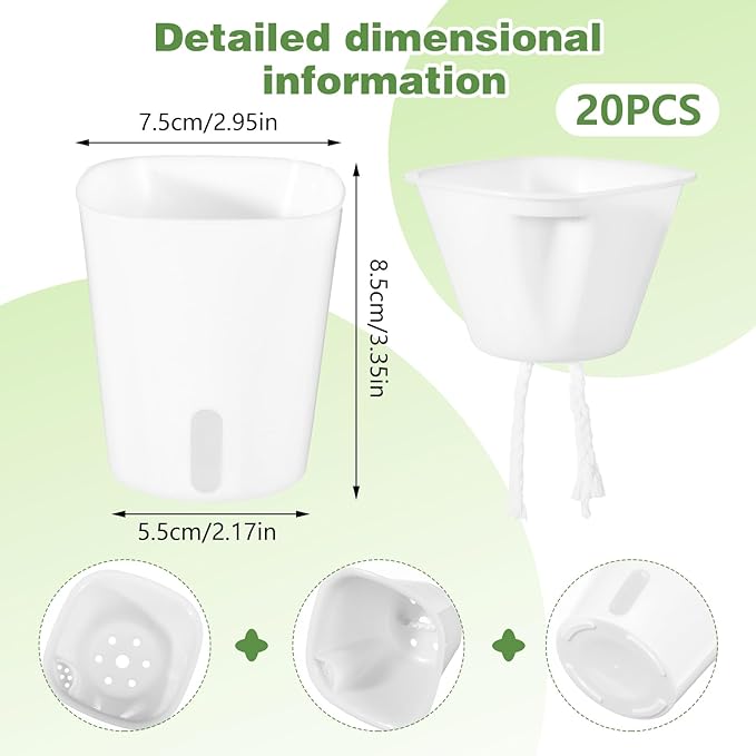 20 Pcs 3 Inch Self Watering Pots for Indoor Plants, White Plastic Self Watering Planters with Wicking Rope Visual Water Level & Vent Holes for Succulents, Flowers Indoor Outdoor Rootora