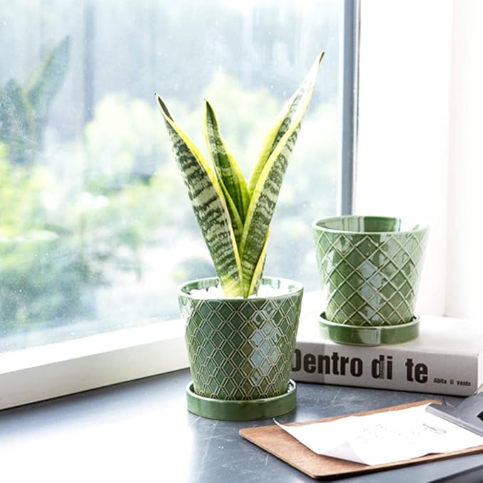 BUYMAX Plant Pots Indoor –5 inch Ceramic Flower Pot with Drainage Hole and Ceramic Tray - Gardening Home Desktop Office Windowsill Decoration Gift, Set of 4-Plants NOT Included (Patina) BUYMAX