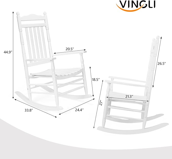 VINGLI Wooden Rocking Chair, Outdoor Chair with 450 lbs Support, Relaxing Rocker with Solid Wood High Back Seat Reclining Seat for Deck, Garden, Backyard, Porch, Indoor or Outdoor Use (White, 2PCS) VINGLI