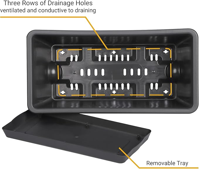 GREANER Rectangular Window Boxes with Trays, 3 Packs Modern Vegetable Planters, 13.8Inch Plastic Flower Boxes Container for Windowsill, Patio, Garden, Balcony, Porch, Indoor and Outdoor Use, Black GREANER