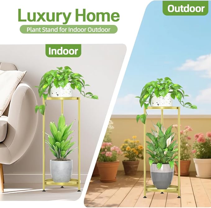 iDavosic.ly 2 Tier Corner Plant Stand Indoor, Tall Vertical Metal Flower Heavy Duty Pot Holder Shelf Outdoor for Patio Porch Living Room, Gold - Round iDavosicly