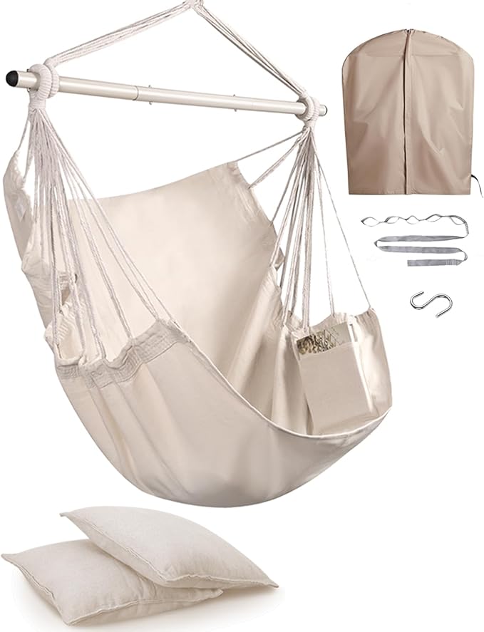 Miztli Hammock Chair with Hanging Chair Cover – 2 Cushions, Steel Spreader Bar with Anti-Slip Rings, Comfortable Indoor & Outdoor Hanging Chair – Includes Protective Waterproof Cover (57x45.5 in) MIZTLI
