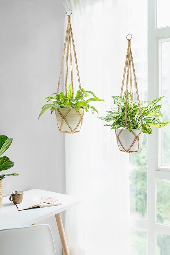 Dahey Macrame Plant Hanger Indoor Hanging Planter Basket Handmade Woven Cotton Rope Flower Pot Decorative Crochet Plant Holder Stand for Boho Home Decor No Tassels,35 Inch,Set of 2, Brown Dahey