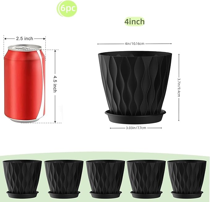 4 Inch Plant Pots, 6 Pack Indoor Flower Pots, Planters with Drainage Holes and Trays for Orchids, Violets, Succulents, Herbs, and Other Plants, Black SQKH