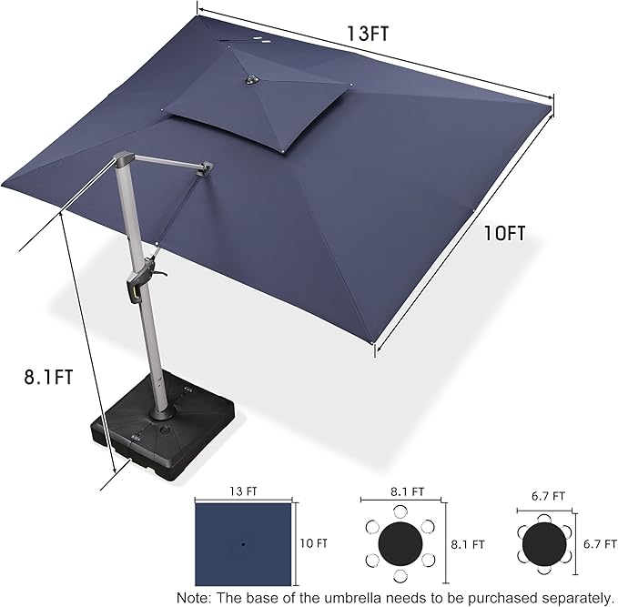 PURPLE LEAF 10' X 13' Patio Umbrella Outdoor Rectangle Umbrella Large Cantilever Umbrella Windproof Offset Heavy Duty Sun for Garden Deck Pool Patio, Navy Blue PURPLELEAF