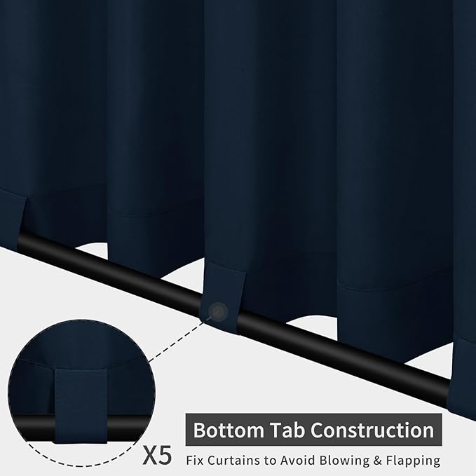Easy-Going Outdoor Patio Curtains Detachable Tab Top Windproof Weatherproof Curtain for Cabana, Porch, Pergola and Gazebo, Tab Bottom Drape, 2 Panels, 110W x 96L inch, Navy Easy-Going