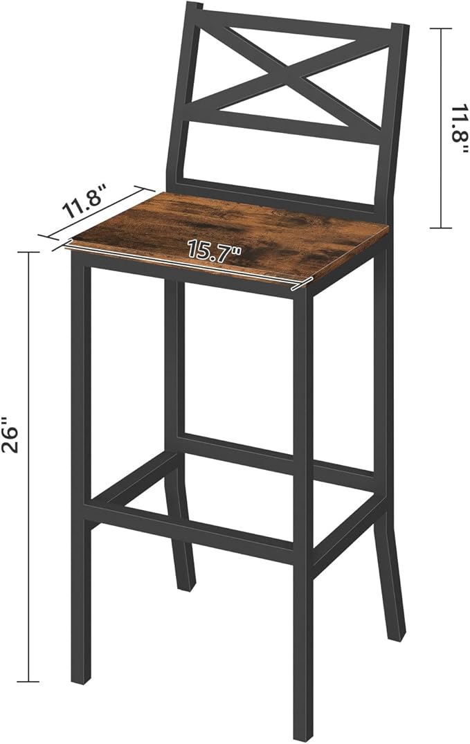 Bar Stools, Set of 2 Bar Chairs with Backrest and Footrest, 26" Tall Counter Bar Stools, Kitchen Breakfast Bar Chairs, Easy Assembly, for Dining Room, Rustic Brown BAHR0901N1 MAHANCRIS