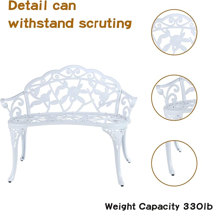 JARDIN DE CENTENNIAL Patio Garden Bench Metal Park Bench Cast Aluminum Outdoor Furniture with Floral Rose for Patio,Park,Lawn,Yard (White) JARDINDECENTENNIAL